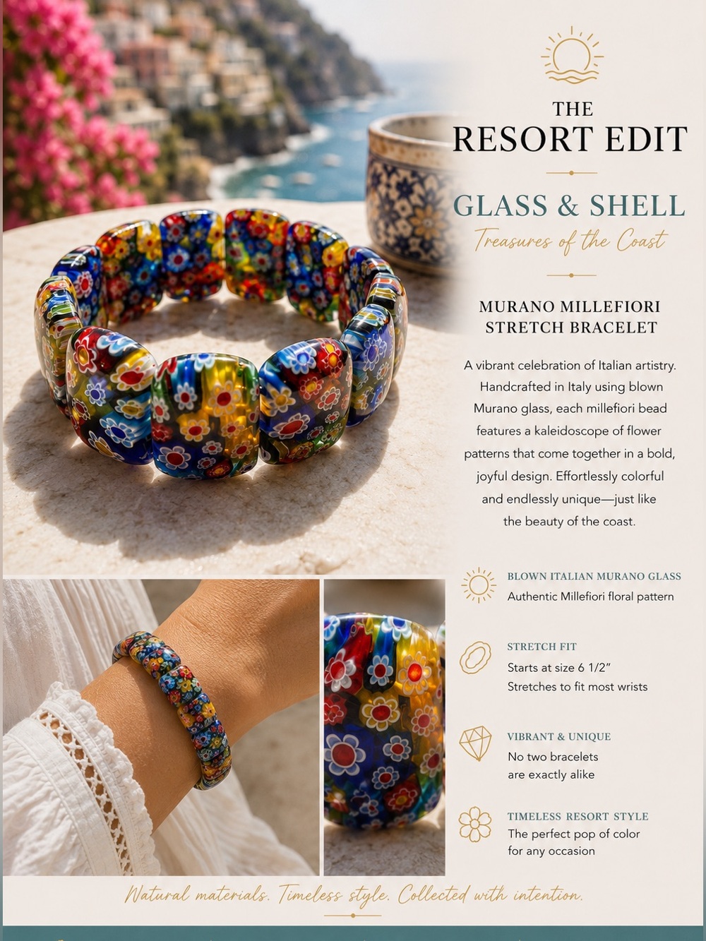 Murano Millefiori Glass Stretch Bracelet - Multicolor Floral